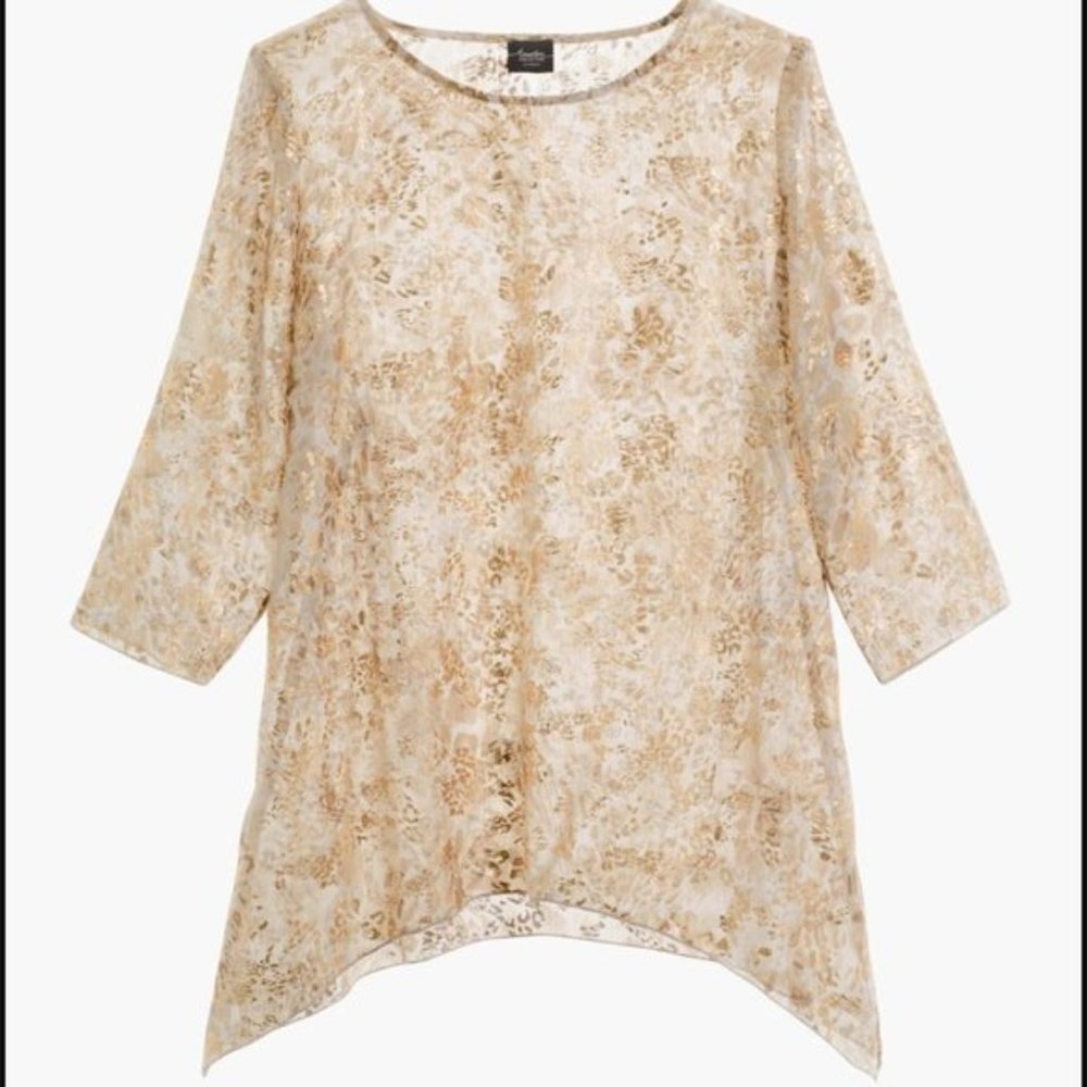 Chico's Gold Metallic Sheer Animal Print Blouse